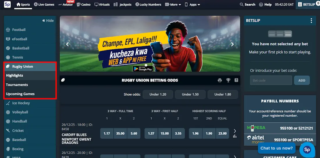 SportPesa Rugby betting Screenshot